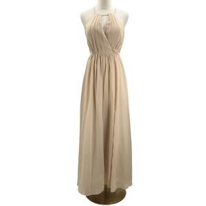 FORMAL SZ 4 S cream tan keyhole pleated halter bridesmaid maxi dress NEW B100